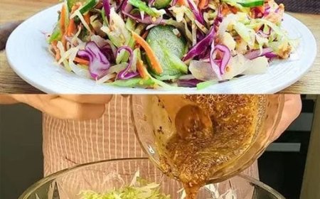 Crispy cabbage salad topped with a dressing