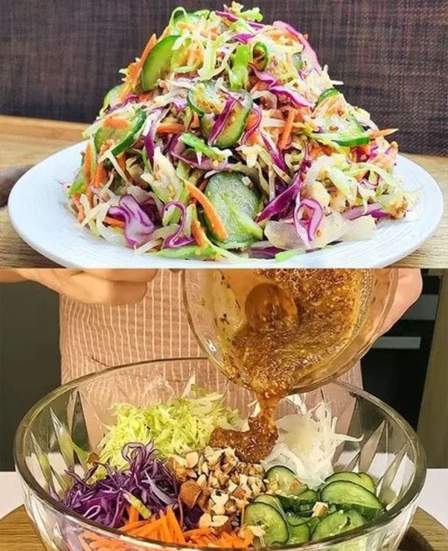 Crispy cabbage salad topped with a dressing