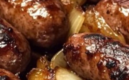 Oven Braised Beer Brats with Caramelized Onions and Apples