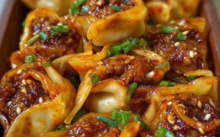 Spicy Beef Wontons with Sesame and Green Onion