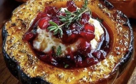 Honey-Glazed Acorn Squash with Creamy Goat Cheese and Cranberry Drizzle