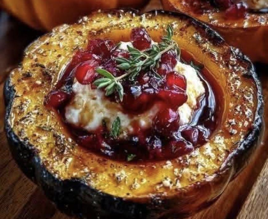 Honey-Glazed Acorn Squash with Creamy Goat Cheese and Cranberry Drizzle
